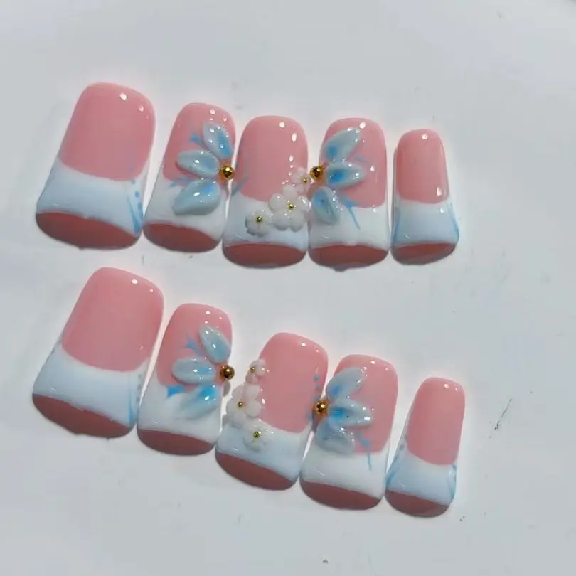 10pcs Handmade Press on Nails Short Duck Nail Supplies Clear Cute French Elegant Ol Daily Fake Nail Tips Glue-On Nails Tip Handmade Reusable Nails for Wedding Birthday Party Christmas Winter Fall
