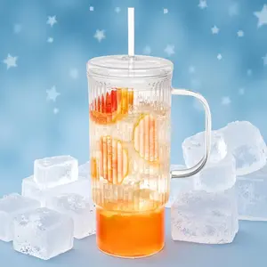 32oz Ribbed Glass Cup with Handle, Borosilicate Glass Tumblers, Iced Coffee Cups Modern Glass Mug Hot/Cold Drinks for Smoothies, Tea, and Juice, Glass Lid)