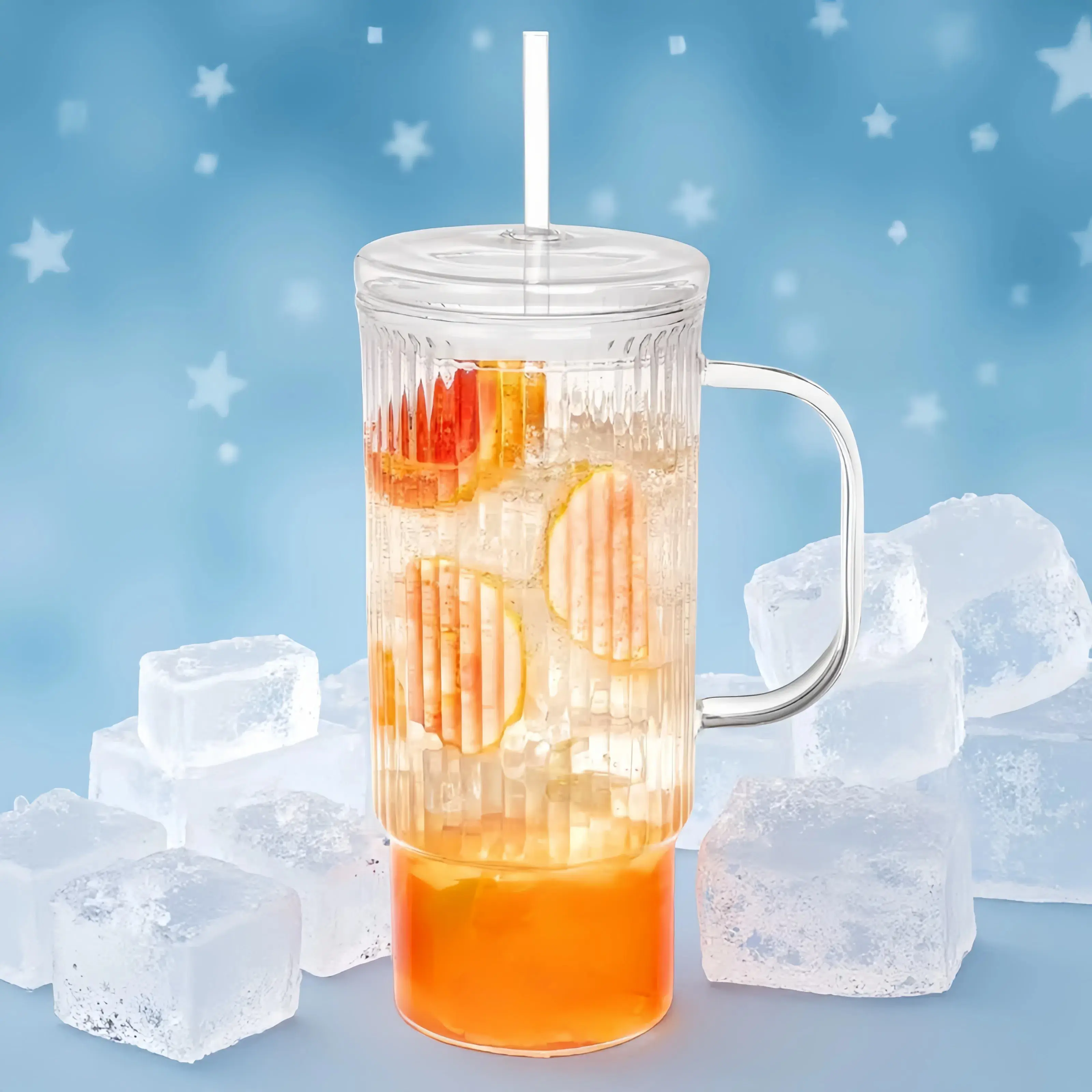 32oz Sturdy Ribbed Borosilicate Mug with Handle, Traditional Design Glass Lid, Reusable Bottle for Iced Coffee, Hot/Cold Tea, Cocktails