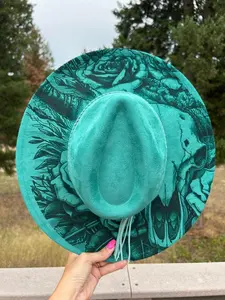 Teal Longhorn Engraved Fedora Hat - Perfect for Special Occasions with Unique Design & Color Options Available
