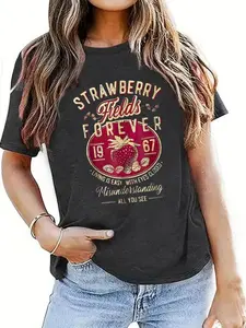 Women's Strawberry & Letter Print Round Neck Tee, 90s Graphic Tees, Vintage Trendy Casual Short Sleeve T-shirt for Daily Wear, Ladies All-match Streetwear Top