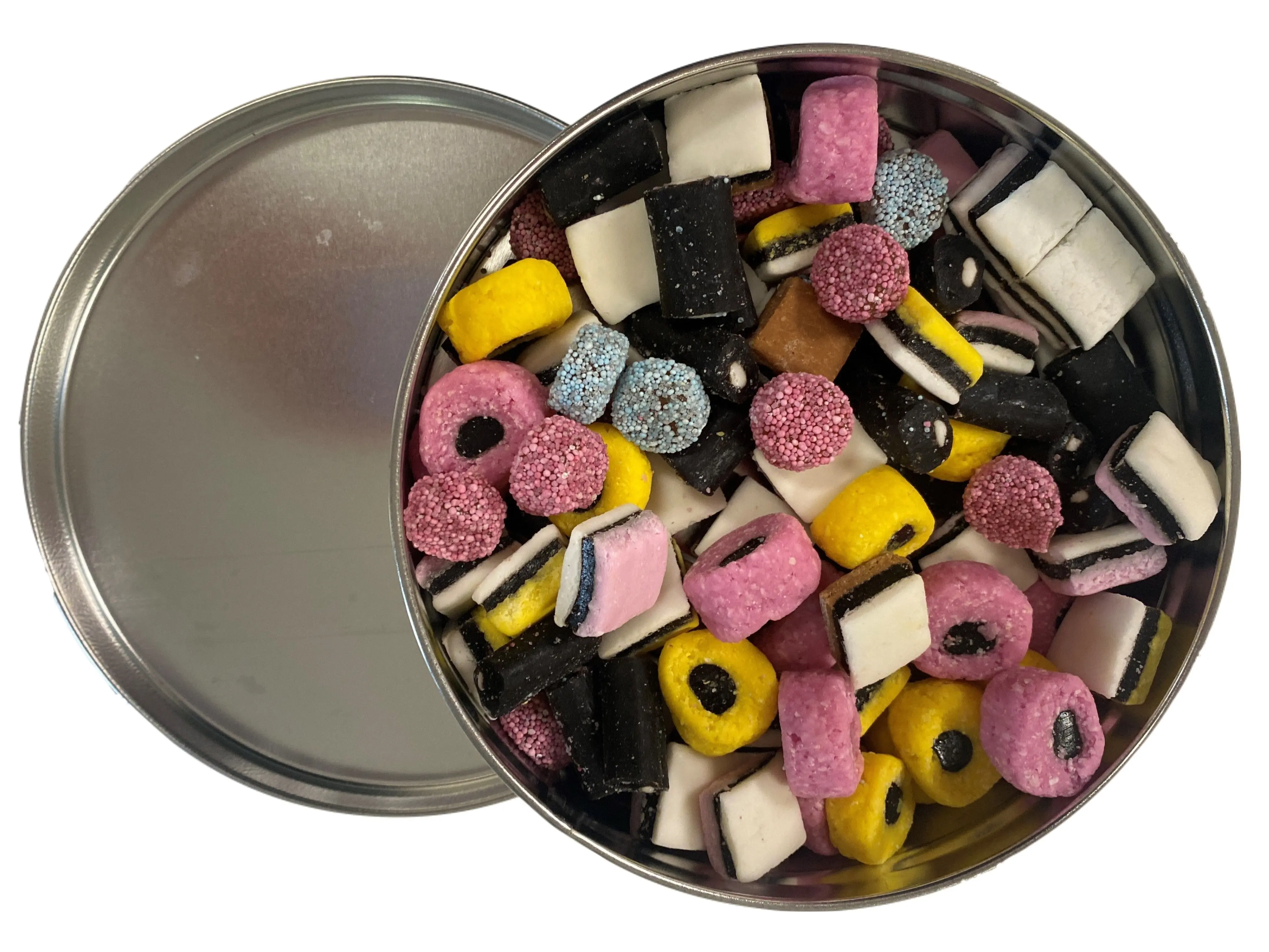 Tin with Colorful Licorice Allsorts Snack Candy Fruit Candy Tin with Colorful Licorice Allsorts Snack Candy Fruit Candy