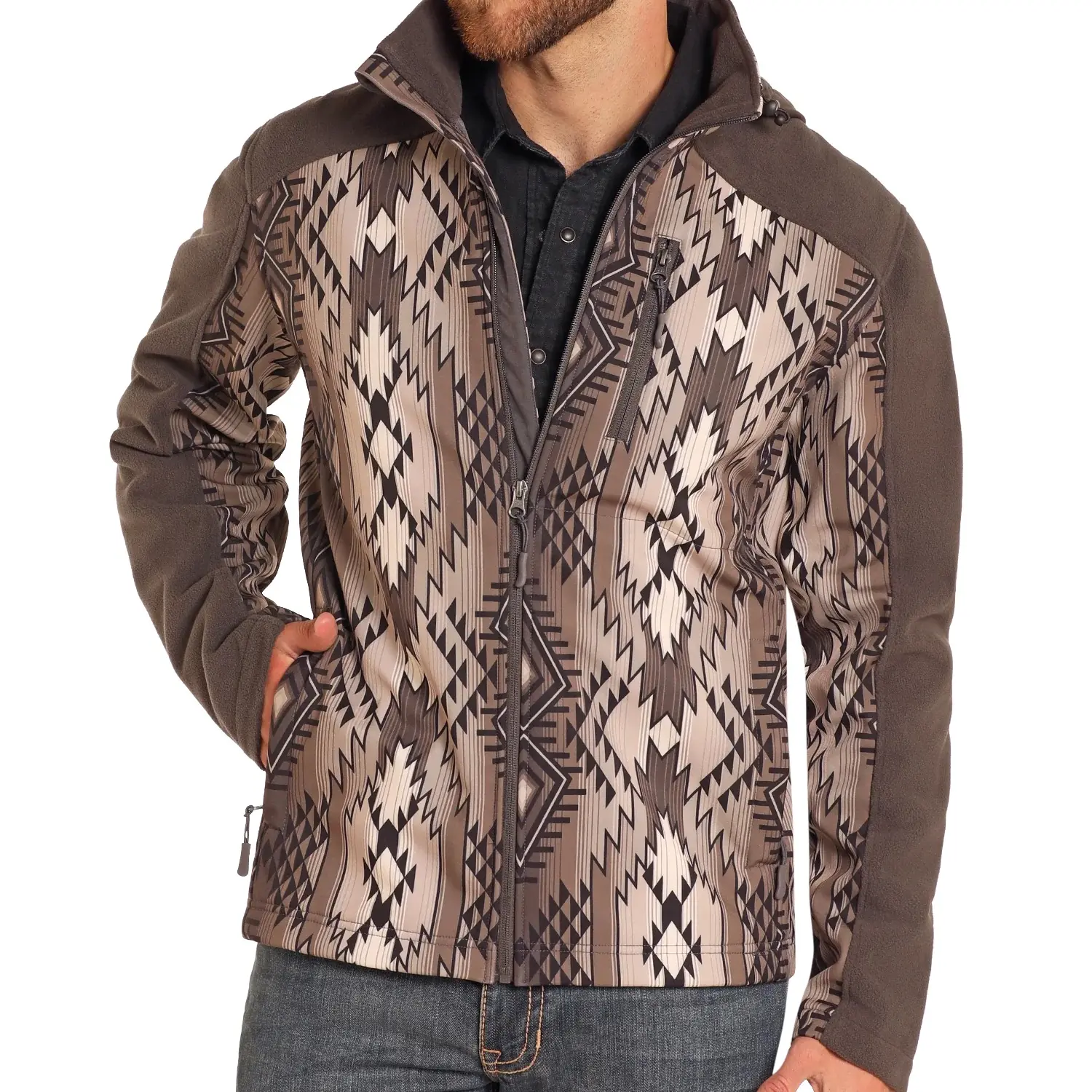 Men's Brown Aztec Printed Softshell Jacket