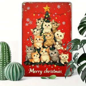 1pc, Charming Kitten & Christmas Tree Tin Sign, 8x12Inch/20*30cm, Retro Aluminum Metal Wall Plaque, Reusable Art & Craft Poster Gift Decor,room decor，halloween decor，