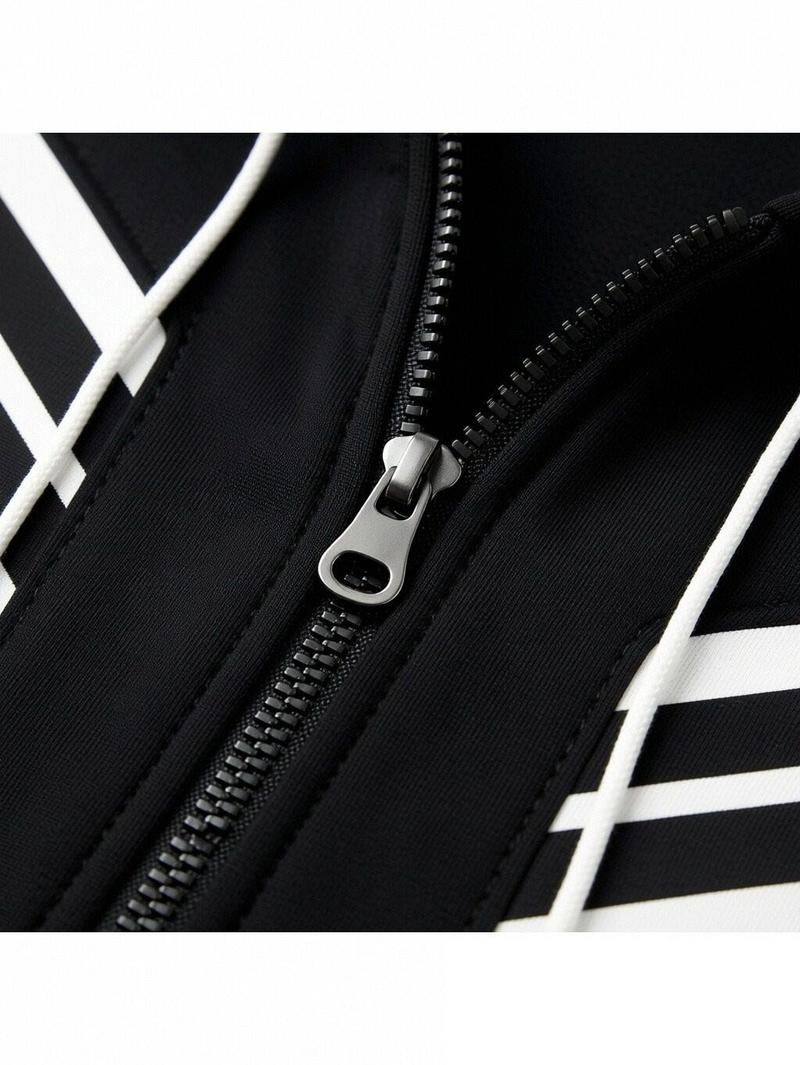 2026 New Men's Hooded Cardigan Two-Piece Set, Black and White Color-Block Striped Set, Zipper Hoodie Top + Jogger Pants, Trendy Patchwork Design, Perfect for Daily Wear, Casual Outings, and Commuting