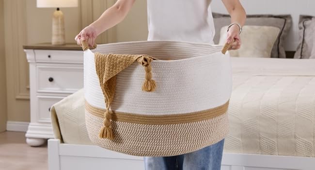 Woven cotton rope large storage basket, 20 in x 13 in, 85L, decorative nursery basket for room organization, suitable for pillows, blankets, and doll storage.