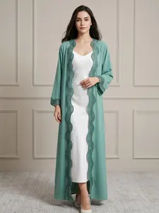 New Muslim Women's Solid Color Lace Open Front Robe, Loose Fit, Long Sleeve, Elegant Style, All Seasons, Casual Wear