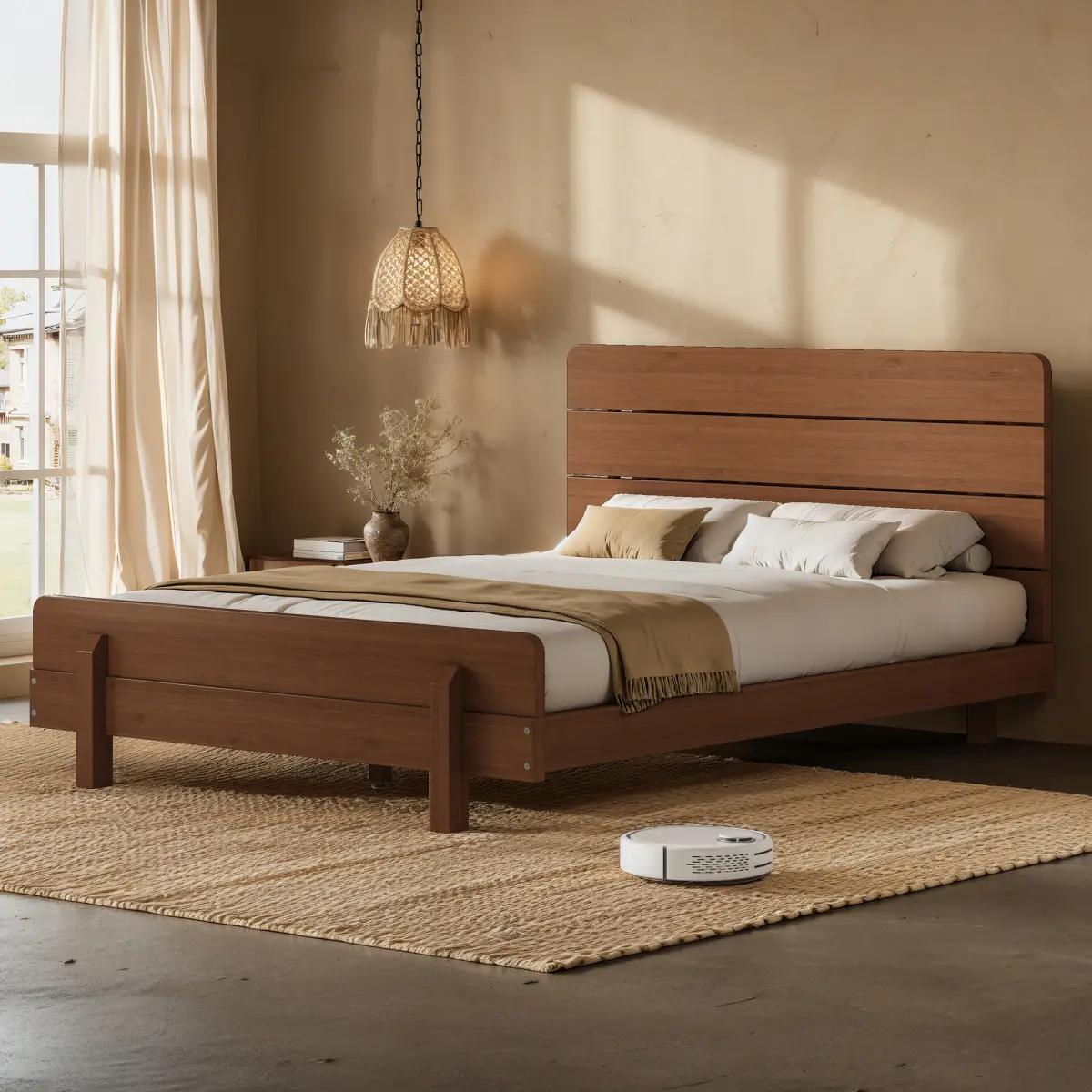 Bamboo Bed Frame with Headboard - Full Size, Full/Queen/King Sizes Available, Upgraded Support Slats, Brown, Full Size Bed