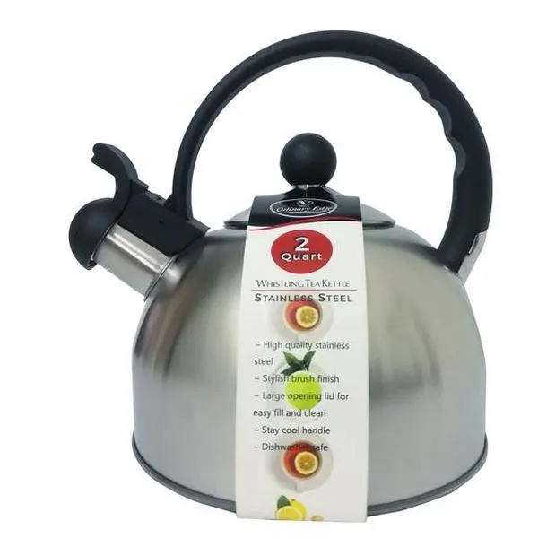 212 MAIN Stainless Steel Whistling Tea Kettle Jugs - 2 qt Silver Classic, Brushed Finish, Seamless Base, Flexible Handle, Quick Heating, Removable Lid, Heat-Retaining, Whistle Alert for Camp Kitchen, Outdoor Camping