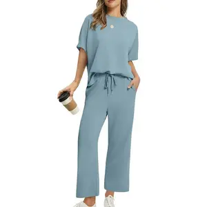 Women's 2 Piece Outfits Summer Lounge Set - Short Sleeve Oversized T-Shirt & Wide Leg Drawstring Pants Casual Matching Sets with Pockets (Modal Cotton Blend)