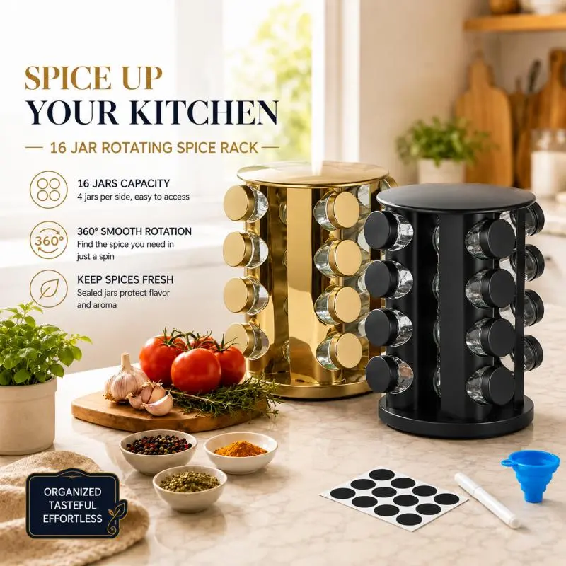 Multi color multifunctional 360 ° rotating kitchen spice rack and seasoning storage set, kitchen storage rack, sturdy base, rotating bracket, kitchen storage for easy storage