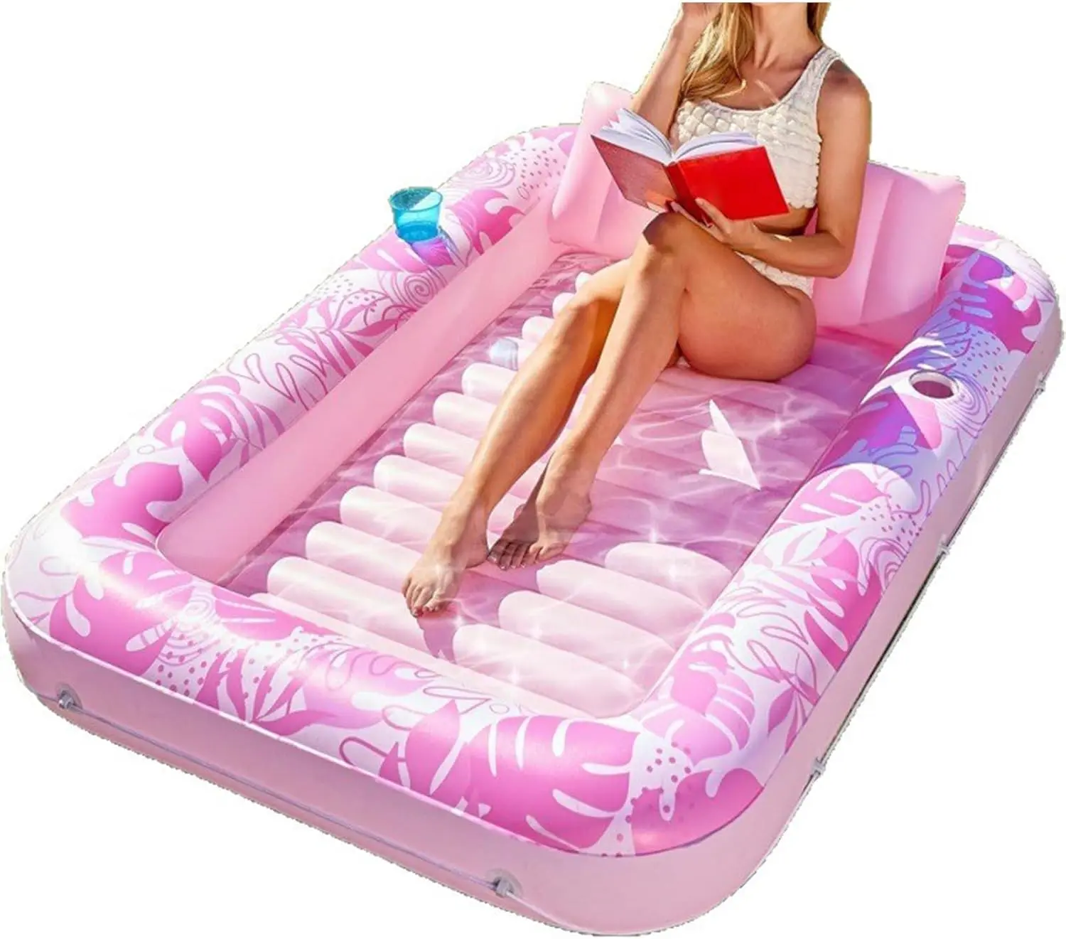 Oversized Inflatable Tanning Pool Float for Adults, 85"x57" 2-Person PVC Lounge Raft with Removable Pillow, 2 Cup Holders, Pool Floats For Adults, 70"L X 45"W, Inflatable Water Lounger, Portable Pool Floater