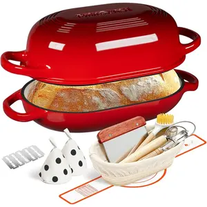 Enameled Cast Iron Sourdough Bread Oven, Dutch Oven, incl.Sourdough Bread-Baking Supplies like Banneton Bread-Proofing Basket - 5QT Loaf Cast Iron Bread Pan for Homemade Bread Baking, Red Meatloaf Pan with Lid