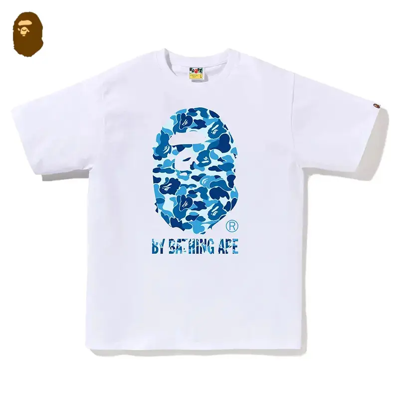 BAPE Abc Camo By Bathing Ape Tee 100% Pure Cotton Short Sleeve Blue Camouflage Ape Head Graphic Graphic T-Shirt Casual Unisex Streetwear Top Fashion Trend Summer Tee Big Menswear