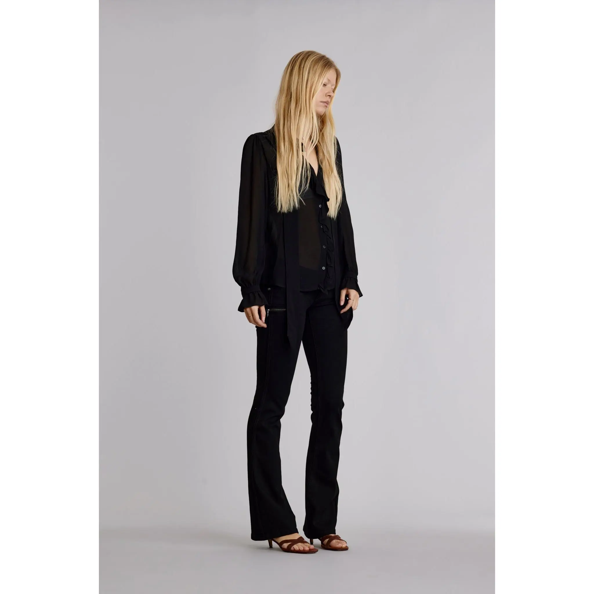 Kamil Women's Bootcut Leg Jeans - Super Low-Rise Moto Style, Black Stretch Denim with Signature Embroidery and Leather Accents, Women's Bottoms, Jeans For Women
