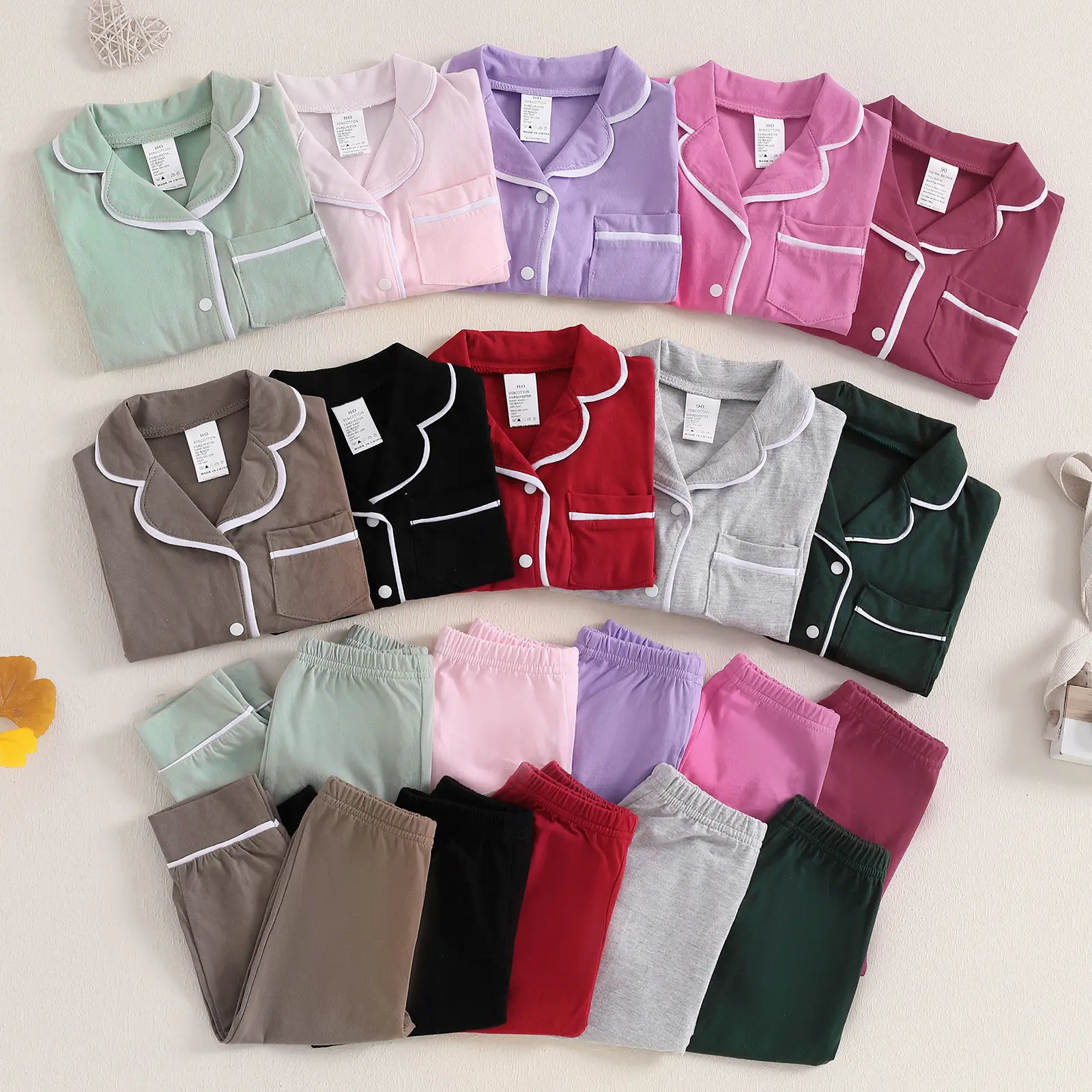 REDWOON Toddler Baby Girl Boy Solid Pajamas Sets Long Sleeve Lapel Neck Button Down Shirts Tops with Elastic Waist Long Pants Sets 2Pcs Sleepwear Loungewear Nightwear