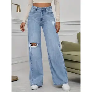 Womens High Waist Stretch Distressed Jeans Destroyed Denim Pants Jeans Wide Leg Pants Fashion Jeans