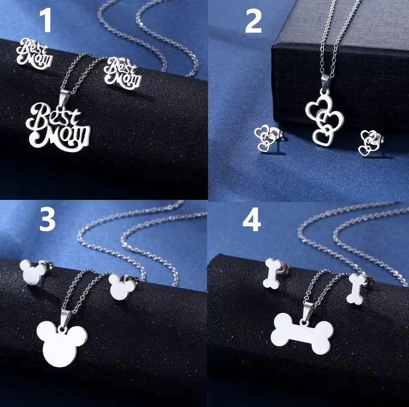 Stainless Steel "Mom, Hearts, Mouse, Bone" Pendant Necklace & Earrings Set