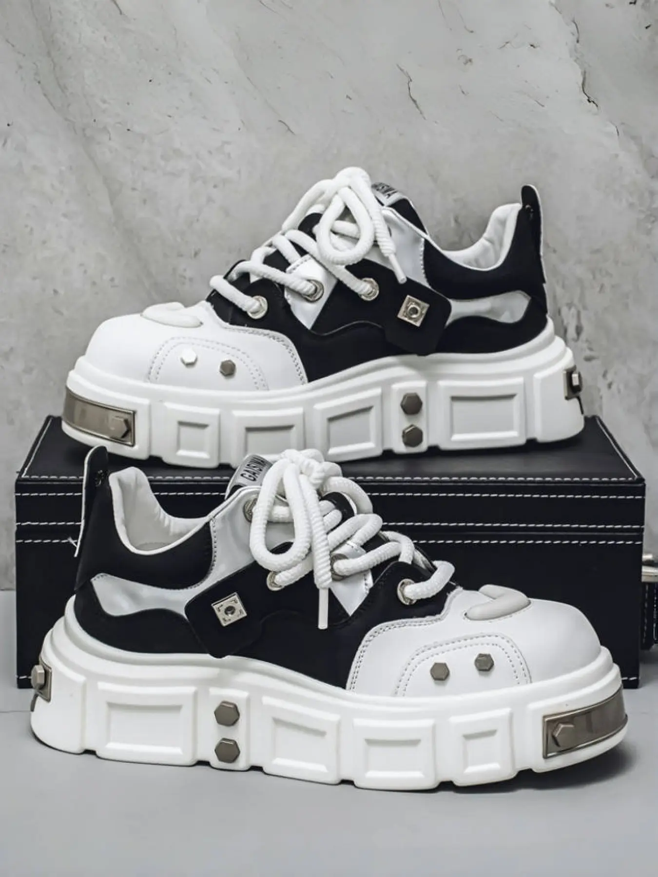 2-Color Heavy Metal Thick-Sole Punk Trendy Shoes (39-44 Sizing) - Patchwork Texture Upper + Platform Thick Sole + Metal Decorations, For Trendy Street Style & Personalized Outfits, Punk Style, Height-Enhancing & Shaping, Cool & Stylish, Versatile & Durabl