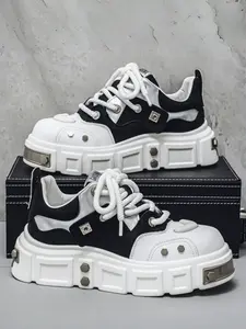 2-Color Heavy Metal Thick-Sole Punk Trendy Shoes (39-44 Sizing) - Patchwork Texture Upper + Platform Thick Sole + Metal Decorations, For Trendy Street Style & Personalized Outfits, Punk Style, Height-Enhancing & Shaping, Cool & Stylish, Versatile & Durabl