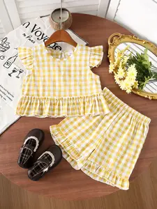 Girls' Plaid Ruffle Sleeve Vest & Hem Shorts Set, Casual Cute Summer for Ages 2-7, Kids Fashion