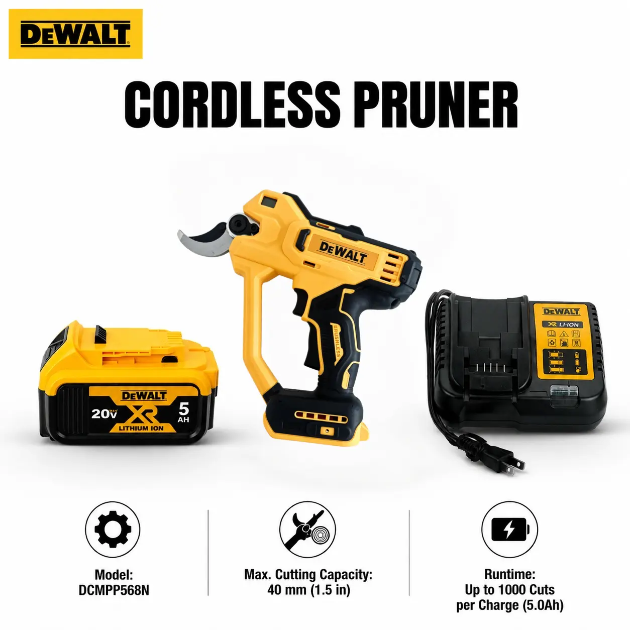 DEWALT DCMPP568N 20V MAX Cordless Pruning Shears Tool for Gardeners Landscapers Tree Branch Pruning Orchard Maintenance Featuring 40mm Cut Capacity Non-Stick Bypass Steel Blade LED Light Safety Lock Bare Tool