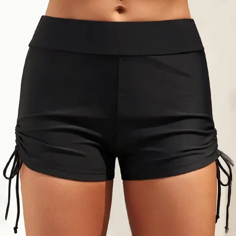 Women's Solid Ruched Drawstring High Waist Swim Shorts, Summer Clothes Women, Casual Comfy Breathable Swim Shorts for Summer, Ladies Swimwear Bottoms, Swimsuit Shorts, Swimming Shorts, Bathing Suit Shorts