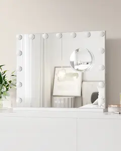 White Square Lighted Makeup Mirror with 17 Lights, Aluminum Glass Top, USB Port, 3-Color Adjustable Brightness, Infinite Dimmability, 3x Magnifying White Round Decor, With Lights