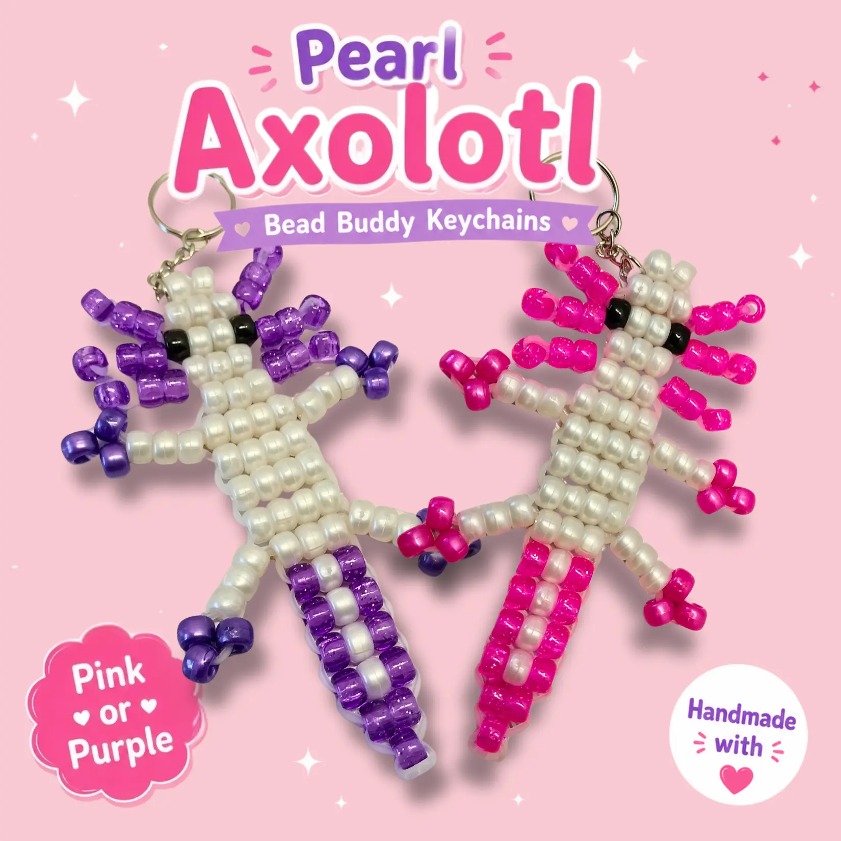 Handmade Axolotl Bead Buddy Keychain | Cute Kawaii Axolotl Charm | Pink or Purple Pearl Bead Pet