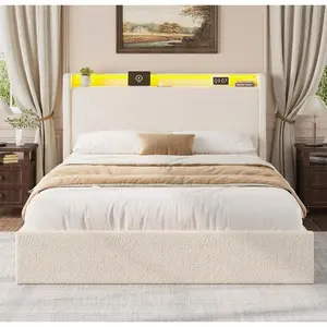 Queen Size Boucle Bed Frame with Storage Headboard, Charging Station and LED Lights, Upholstered Platform Bed Frame with 4 Storage Drawers, No Box Spring Needed, Noise Free, Beige