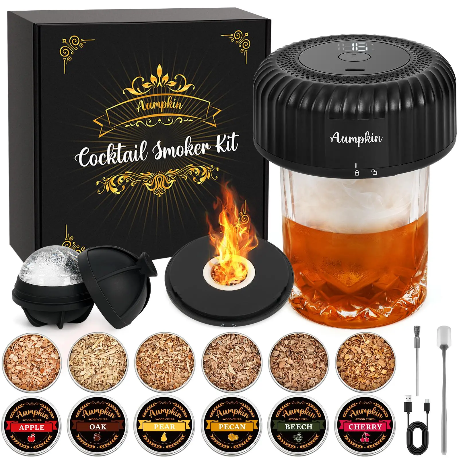 Compact Portable Electric LED Whiskey Smoker Kit - Built-In Rechargeable Lighter, No Butane, 6 Wood Chips, Flavorful Cocktail Smoker Gift Idea for Men, Flavor Variety