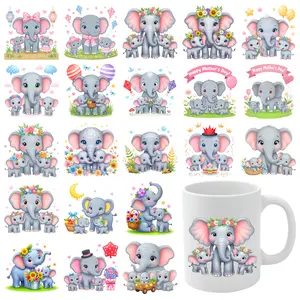 21 Pcs Elephant Family UV DTF Stickers Glass DTF Transfer Stickers UV DTF Transfer Stickers for Glass Cups for 16 oz Tumbler Waterproof Decals UV DTF Stickers clock