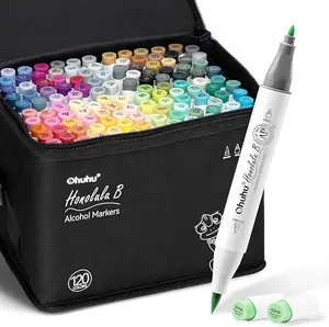 Ohuhu Alcohol Markers: Brush & Chisel / Fine - 120 Colors -Double Tipped Art Marker Set for Artist Adults Coloring Illustration - Refillable Alcohol-based Ink - Honolulu & B Series of Ohuhu - Women's Day Gift
