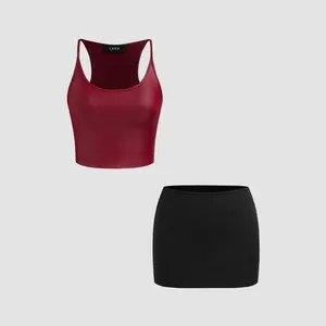 Cider [size 2-10] Scoop Neckline Solid Crop Tank Top With Low Rise Solid Mini Skirt