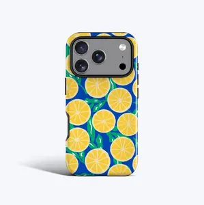 Blue Lemon Phone Case, Artistic Citrus Pattern Design, Mediterranean Aesthetic Protective Cover, MagSafe Compatible Gift
