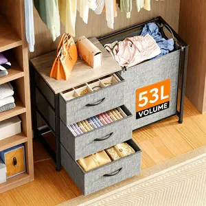 2-in-1 Closet Drawers, 3 Drawers for Closet with Large Laundry Basket, Fabric Storage Drawers with Metal Frame, Storage Organizers Units Dresser for Bedroom, Dorm, Closet, Grey