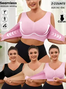 Plus Size Women's Seamless Wide Strap Wireless Sports Bra Vest, Adjustable Front Chest Buckles,No Padding,Stretch Push Up Bra,Comfortable Breathable Running Top for Yoga Fitness Gym Daily Wear