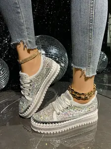 Women's Fashion Casual Sneaker Shoes with Sparkling Rhinestones, Low-Top Lace-Up Design, Trendy All-Season Leisure Shoes, Walking Shoes