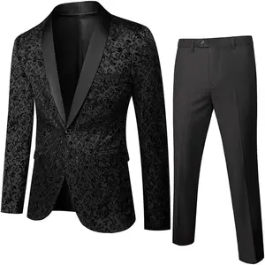 Mens 2 Piece Floral Jacquard Dress Suit Set 1 Button Print Dinner Jacket Pants