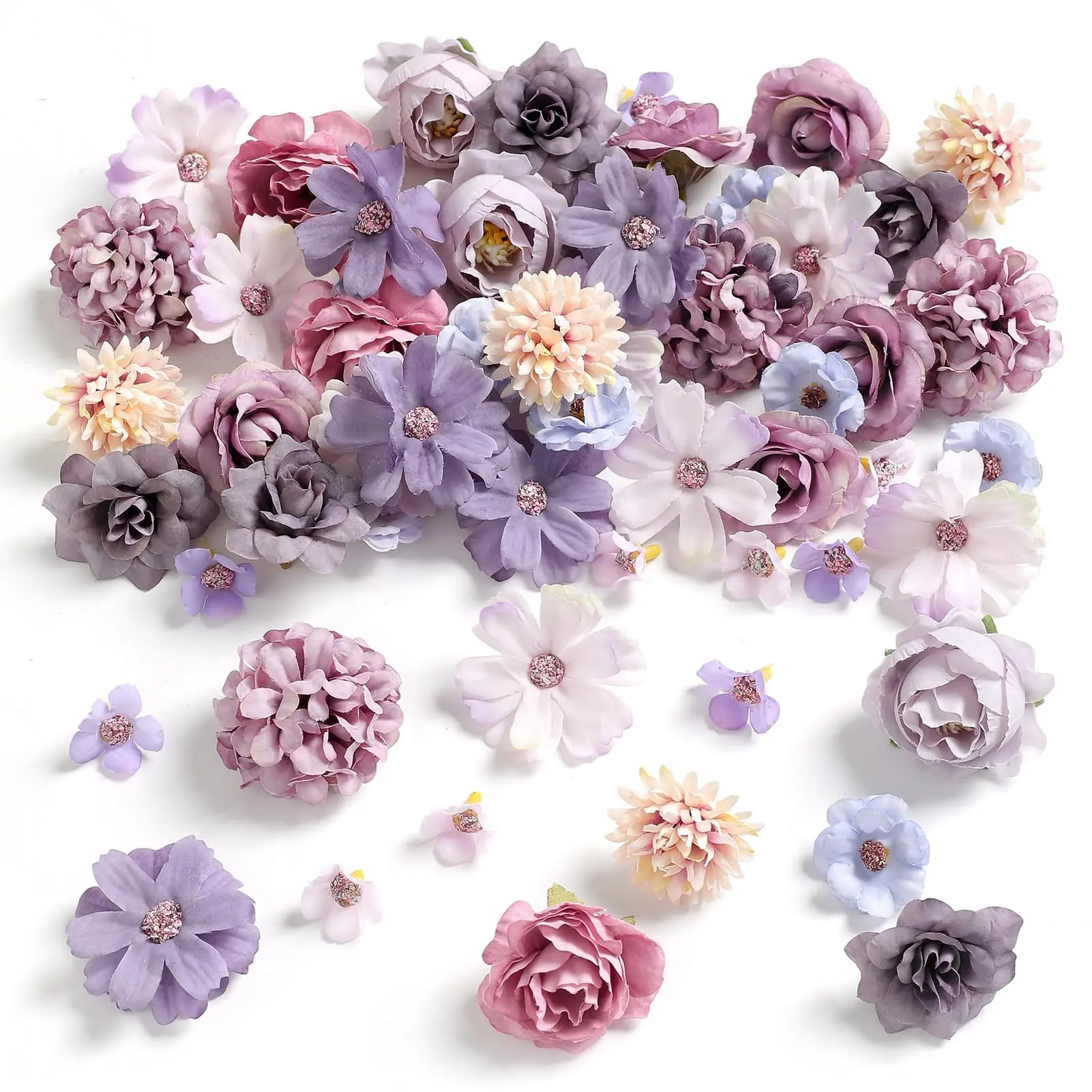 Mini Artificial Flower Heads, Multi-Color Silk Daisy Rose Peony, Craft Wreath Wedding Party DIY Home Decor, 2-4 Cm