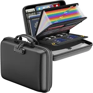 Fireproof File Manager with Lock, Hard Shell Box Fireproof File Box, with 13 Pockets Accordion Folder, Portable Home Office Travel Safe Storage for Important Documents Laptop Black