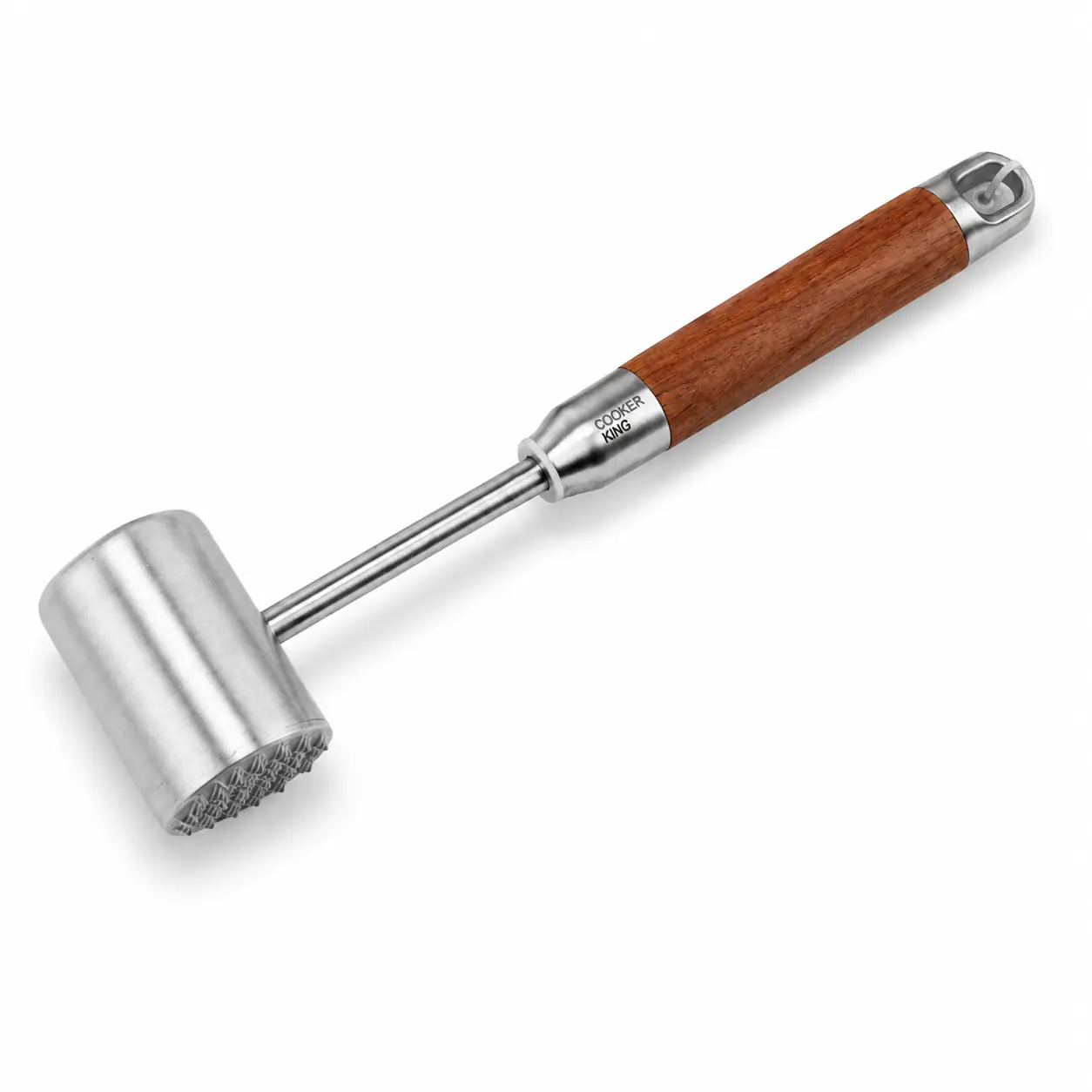 Cooker King Stainless Steel Meat Tenderizer Mallet with Wooden Handle, Heavy-Duty Textured Meat Pounder for Steak, Chicken, Pork & Beef