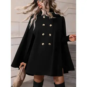 Double-breasted Cape Coat, Elegant Solid Cape Sleeve Notched Lapel Coat For Fall & Winter, Women's Clothing