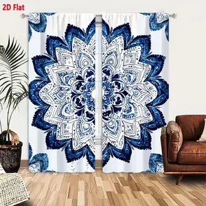 2D Flat  Blue & White Mandala Curtain 2 Piece Set, Symmetrical Intricate Geometric Floral Pattern Curtains, Traditional Oriental Porcelain Henna Inspired Light Filtering Draperies for Living Room Bedroom Decor