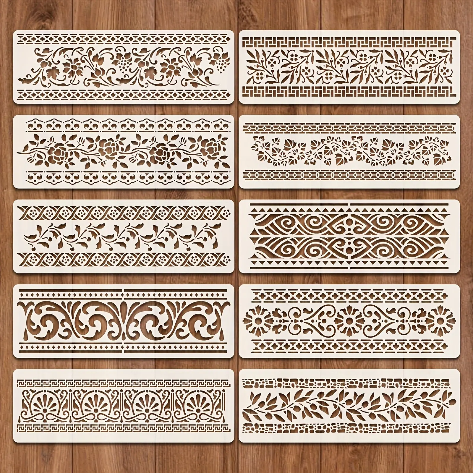 10-Piece Line Border Template Set, Reusable Floral Pattern Wall Art, Wood & Paper Painting Molds, Washable, Reusable Pattern Stencils, Scrapbook Materials, Scrapbook Accessories, 11.8"x3.9"