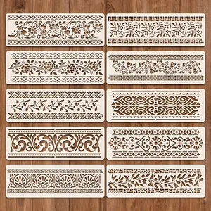 10-Piece Line Border Template Set, Reusable Floral Pattern Wall Art, Wood & Paper Painting Molds, Washable, 11.8"x3.9"
