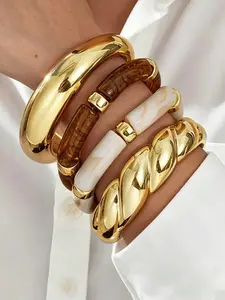 4-Piece Vintage Minimalist Women's Resin Acrylic Elastic Bracelets Set, Striped Glossy Open-Cuff Bangles for Daily Wear, Holiday Gift, Layered Jewelry