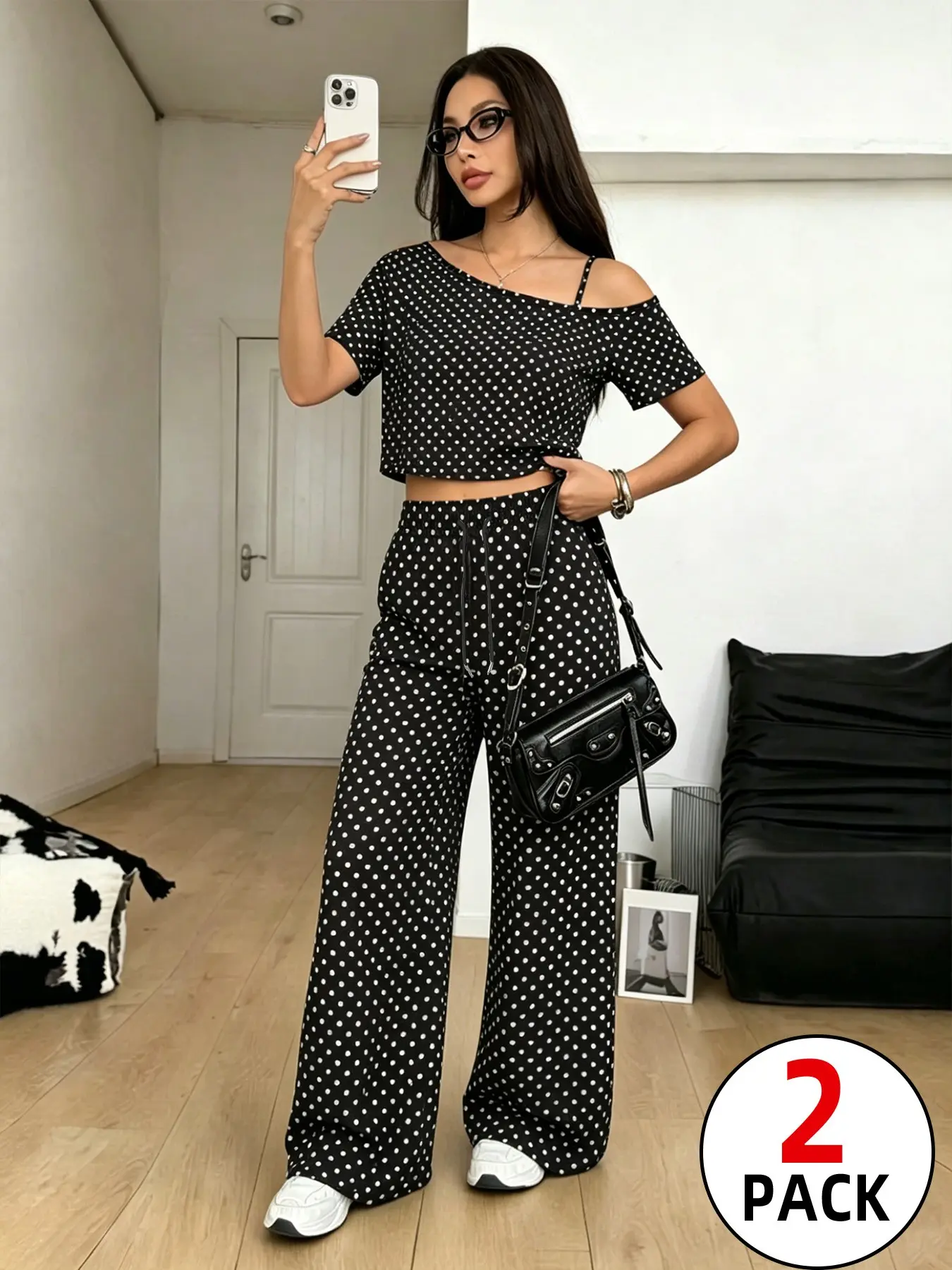 2 Pack Women's Polka Dot Two Piece Outfits, Y2K Asymmetrical Off Shoulder Crop Top & Wide Leg Pants Set, Casual Loose Loungewear Tracksuit, TikTok Viral Fashion Streetwear for Daily Going Out Party Club