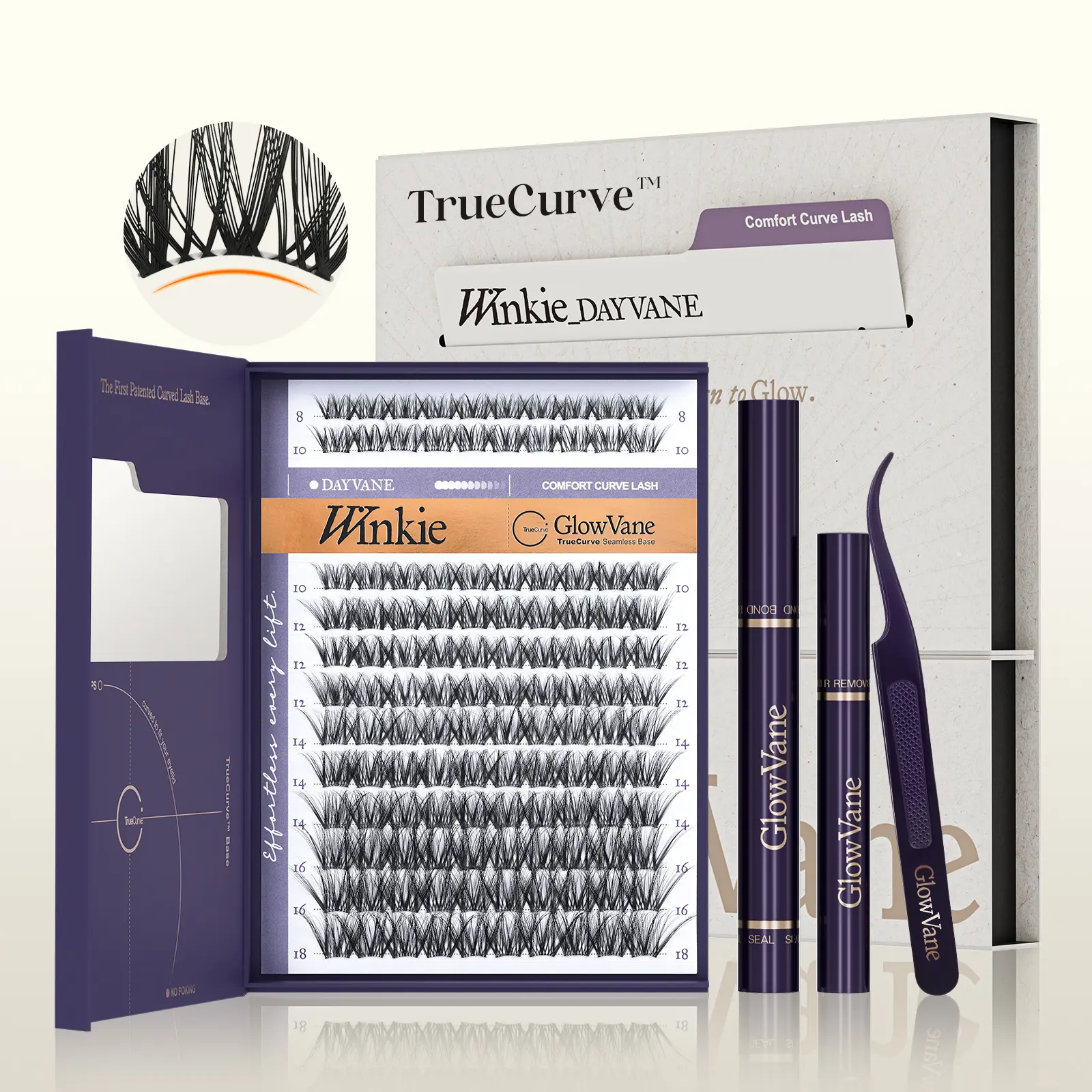GlowVane TrueCurve Eyelash Clusters Kit | 0.03mm Curved Band Soft Fluffy 8-18mm DD Curl DIY Lash Extensions for Beginners Seamless Eye Fit Zero Strain (FS1)