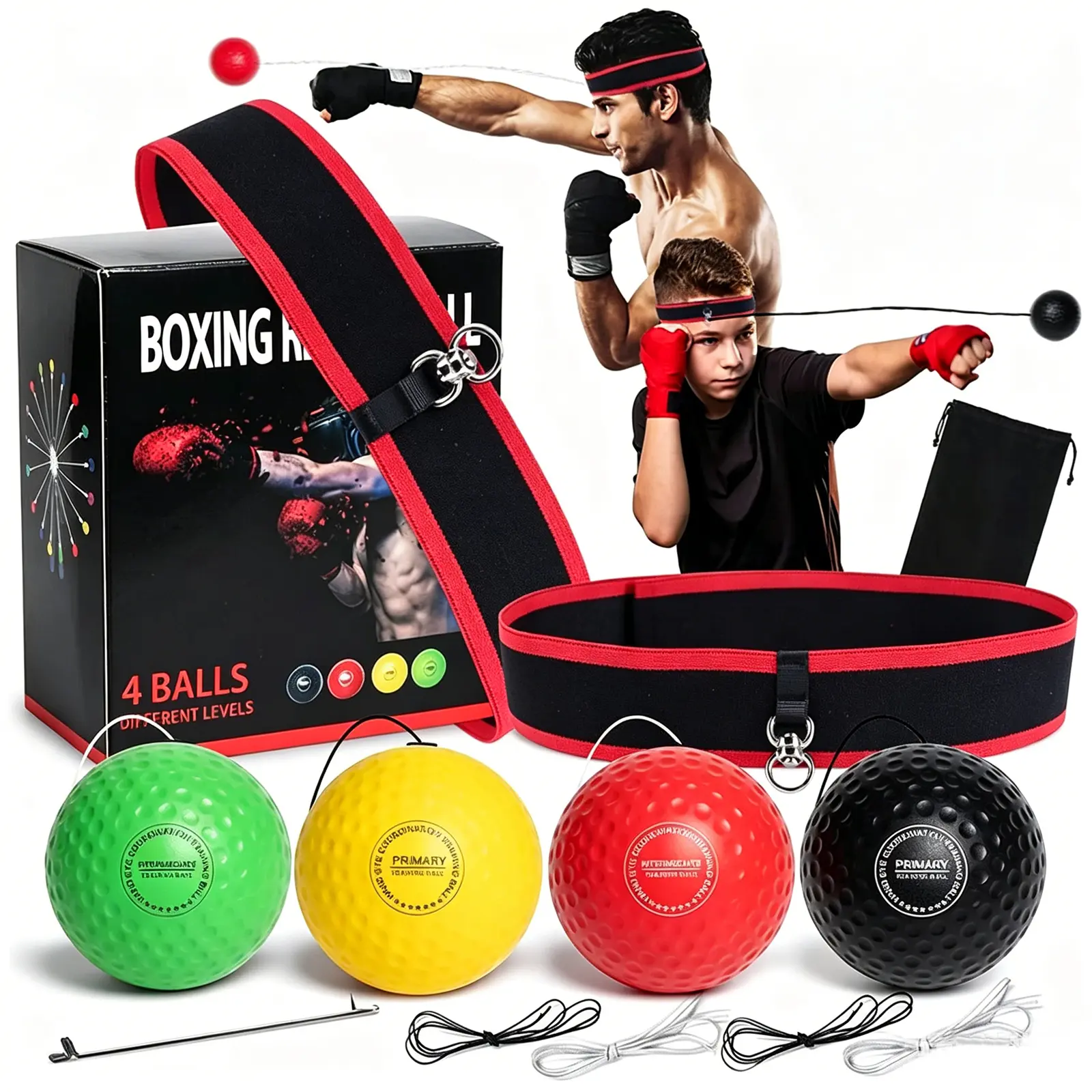 HOMEYA Boxing Fight 4 Reflex Balls With 2 Head Band, Adults Fight Ball Set For Reflex Speed Training Punching Exercise, 4 Difficulty Levels